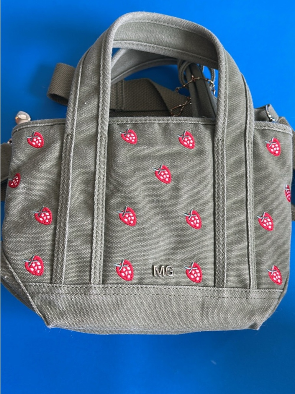 Madden Girl Olive Canvas Tote with Red Strawberry Motif